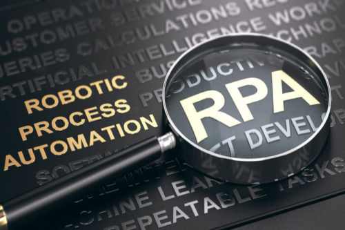RPA, Accronym of Robotic Process Automation written in golden letters over black background with magnifying glass. 3D illustration.
