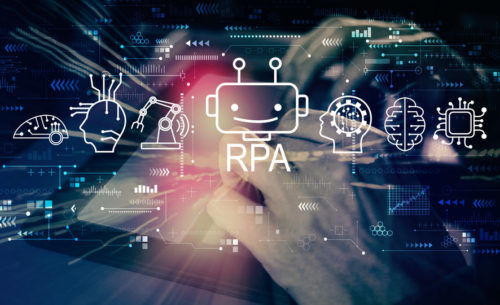 Robotic Process Automation RPA theme with man using his tablet computer